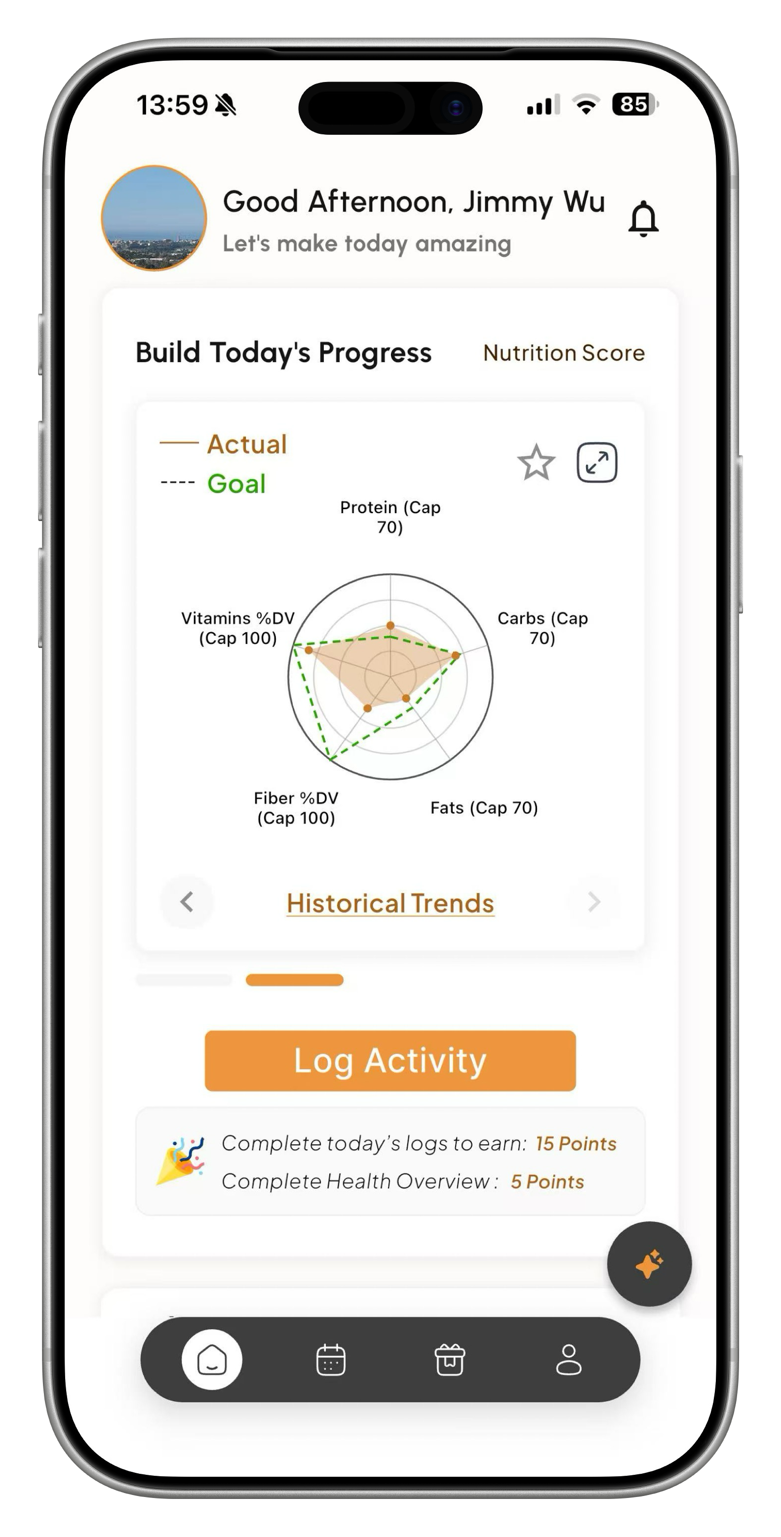 LifeVibe demo dashboard with nutrition radar and activity logging