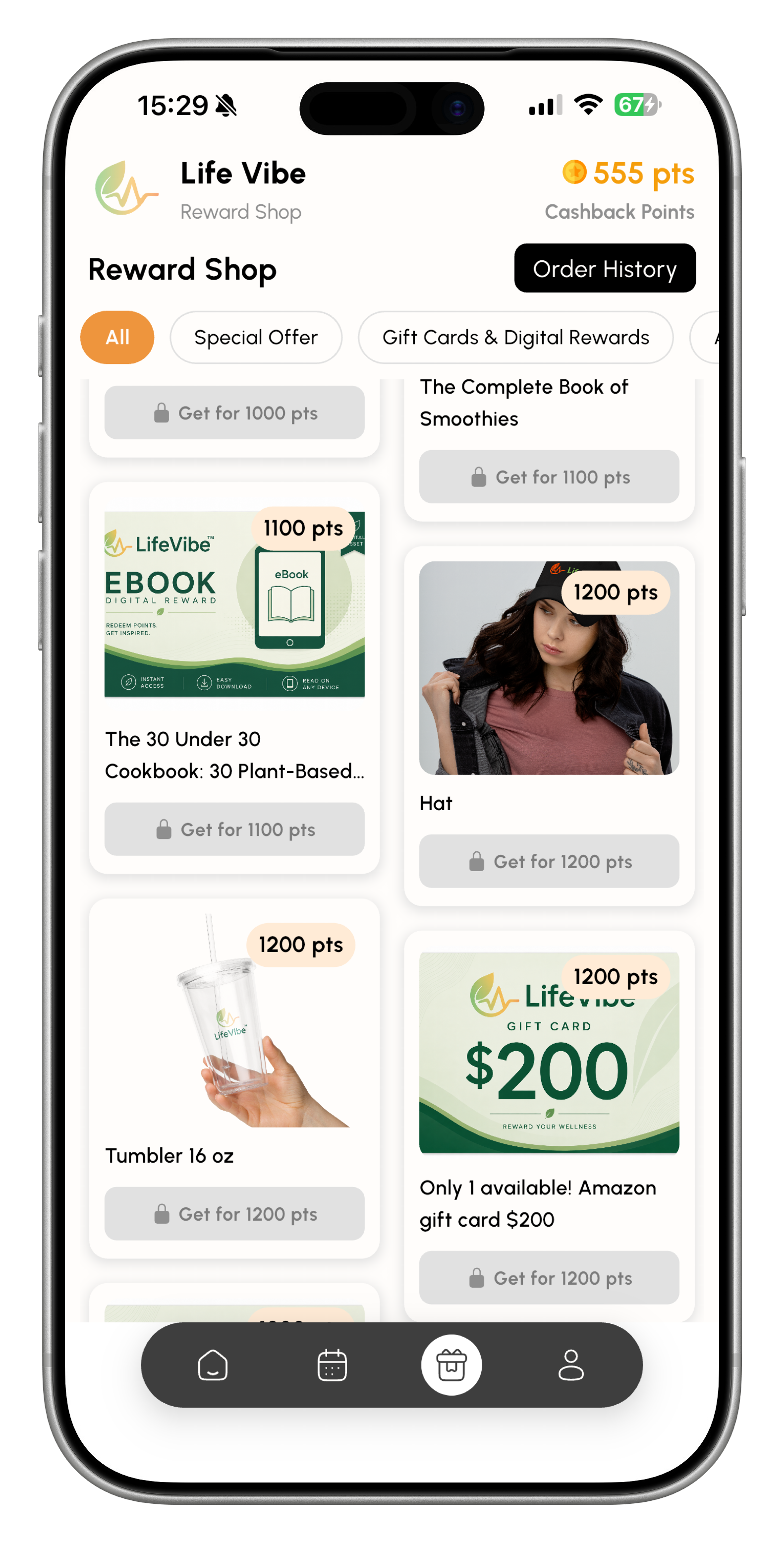 LifeVibe demo reward shop showing example products and points